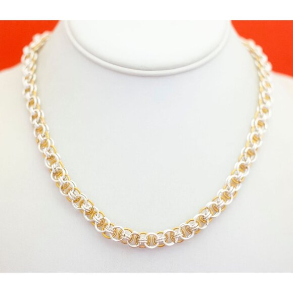 17 inch, Vintage Two Tone Ring Chains Brutalist Necklace - F33 - Picture 2 of 3